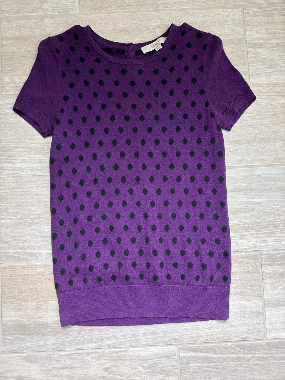 LOFT XS Purple Short-Sleeve Sweater with Black Polka Dots